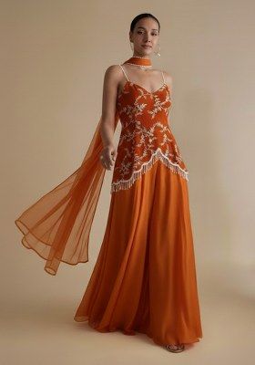 Orange Embroidered Crepe Fusion Set