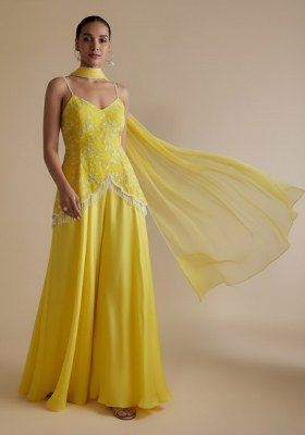 Yellow Crepe Fusion Set With Embroidered Blouse