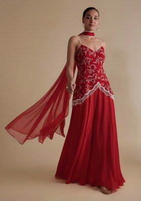 Red Crepe Fusion Set With Embroidered Blouse