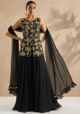 Black Floral Print Crepe Fusion Set