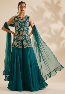 Teal Green Floral Print Crepe Fusion Set