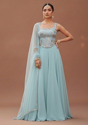 Blue Embroidered Silk Fusion Set