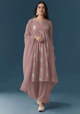 Mauve Pink Floral Print Linen Kurta Set