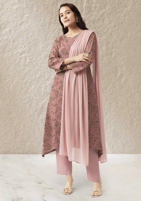Dusty Rose Floral Print Linen Kurta Set