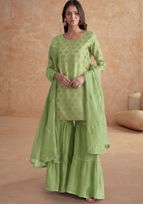 Pista Green Jacquard Brocade Sharara Set