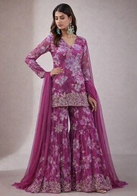 Berry Pink Floral Print Chinon Sharara Set