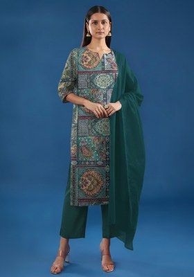 Deep Teal Printed Poly Blend Kurta Set
