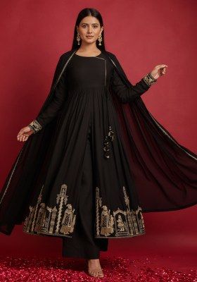 Black Embroidered Velvet Anarkali Set