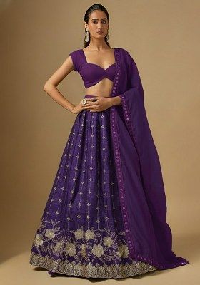 Deep Violet Embroidered Crepe Lehenga Set