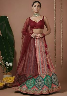 Deep Maroon Embroidered Silk Lehenga Set