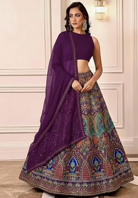Deep Purple Embroidered Crepe Lehenga Set