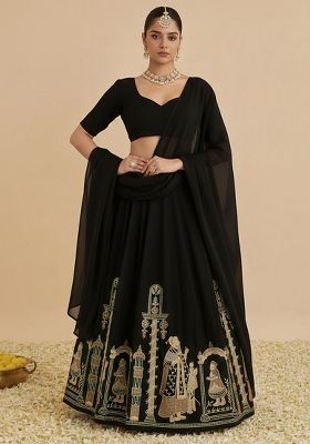 Black Embroidered Velvet Lehenga Set