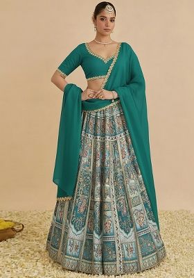 Teal Green Printed Crepe Lehenga Set