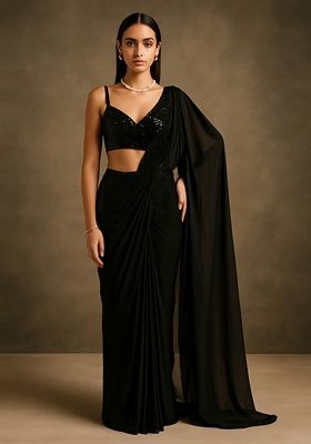 Black Sequin Embellished Georgette Pre Draped Saree Set