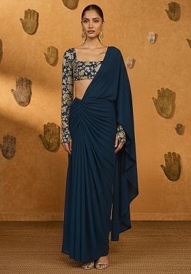 Deep Navy Blue Crepe Pre Draped Saree Set With Embroidered Blouse