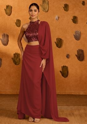 Red Net Pre Draped Saree Set With Sequin Embellishment Blouse