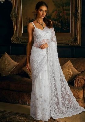 White Sequin Embroidery Net Pre Draped Saree Set