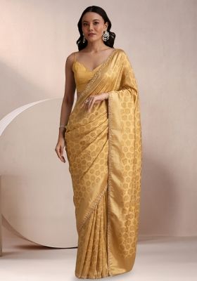 Gold Brocade Pre Draped Saree Set