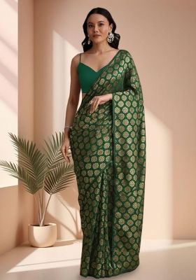 Emerald Green Brocade Pre Draped Saree Set