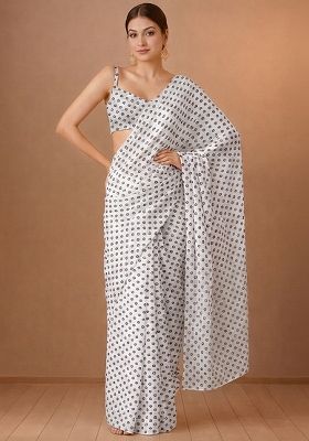 Off-White Printed Georgette Pre Draped Saree Set