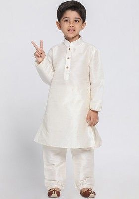 Cream Embroidered Silk Kurta Set For Boys