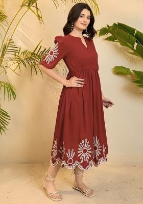 Maroon Embroidery Rayon Dresses