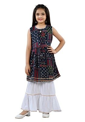 Blue Printed Rayon Kurta Set For Girls