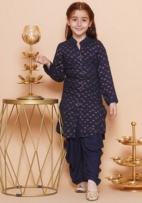Blue Printed Rayon Kurta Set For Girls