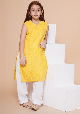 Yellow Chikankari Work Cotton Kurta Set For Girls
