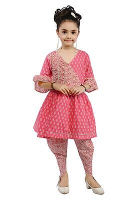 Pink Printed Cotton Kurta Set For Girls
