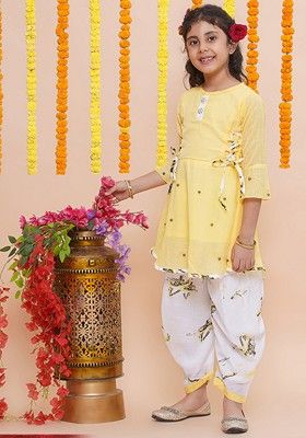 Yellow Printed Rayon Kurta Set For Girls