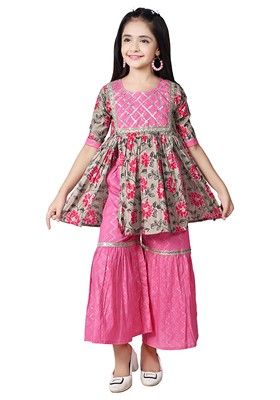 Pink Printed Cotton Kurta Set For Girls