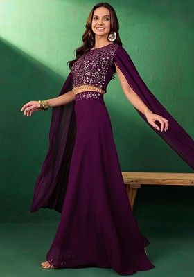Magenta Sequin Embroidered Georgette Palazzo Set