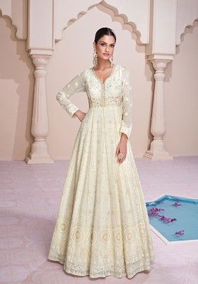 Off White Embroidered Georgette Anarkali Gown