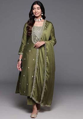 Mehendi Thread Work Viscose Kurta Set With Dupatta