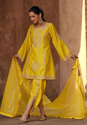 yellow Sequin Embroidered Chinon Silk Kurta Set