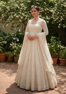White Embroidered Cotton Anarkali With Dupatta