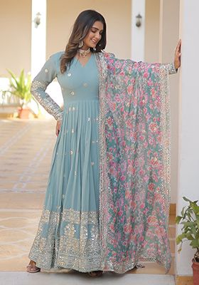 Sky Blue Zari Sequin Embroidered Faux Georgette Anarkali With Dupatta