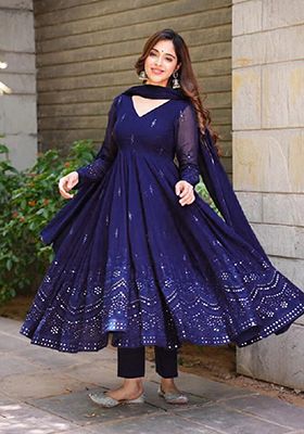 Blue Embroidered Georgette Anarkali With Dupatta