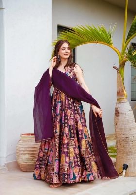 Purple Solid Silk Anarkali With Dupatta