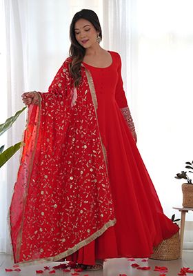 Red Zari Embroidered Georgette Anarkali With Dupatta