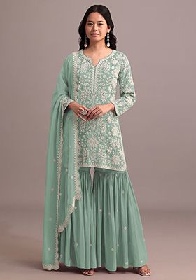 Green Embroidered Georgette Sharara Set With Dupatta