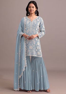 Sky Blue Embroidered Georgette Sharara Set With Dupatta