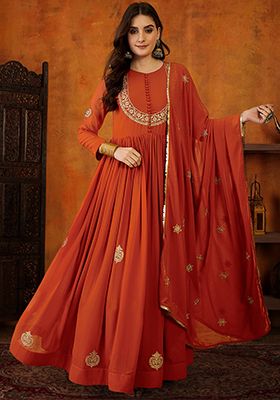 Orange Embroidered Georgette Anarkali With Dupatta
