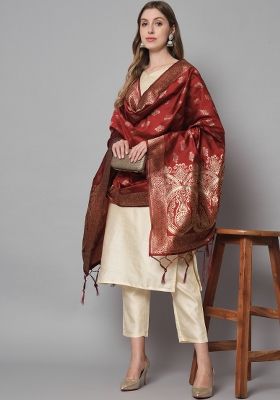 Cream Self Design Cotton Blend Salwar Kameez With Dupatta