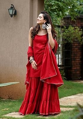 Red Chikankari Chikankari Sharara Set With Dupatta