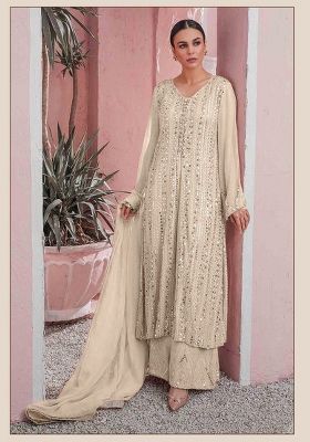 Off White Embroidered Georgette Pakistani Salwar Kameez With Dupatta