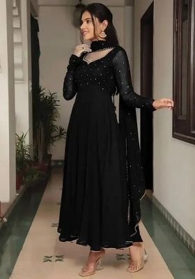 Black Embroidered Georgette Anarkali With Dupatta