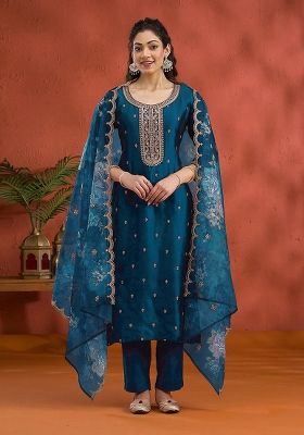 Teal Blue Embroidered Vichitra Silk Salwar Kameez With Dupatta