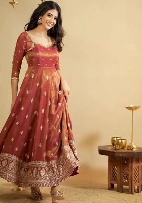 Orange Embroidery Silk Salwar Kameez With Dupatta